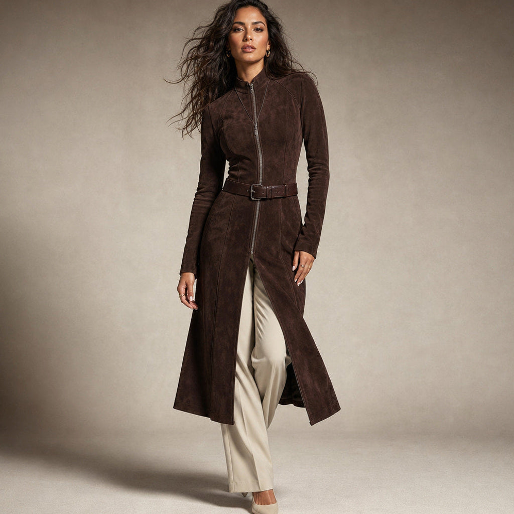 Wait | Midikleid in Wildlederoptik mit hohem Schlitz Braun Braun – Produktfoto