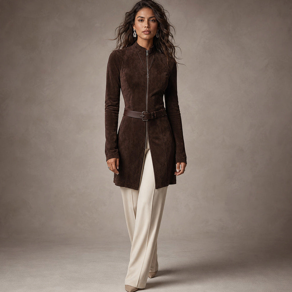 Wait | Midikleid in Wildlederoptik mit hohem Schlitz Braun in Braun – Premium Editorial