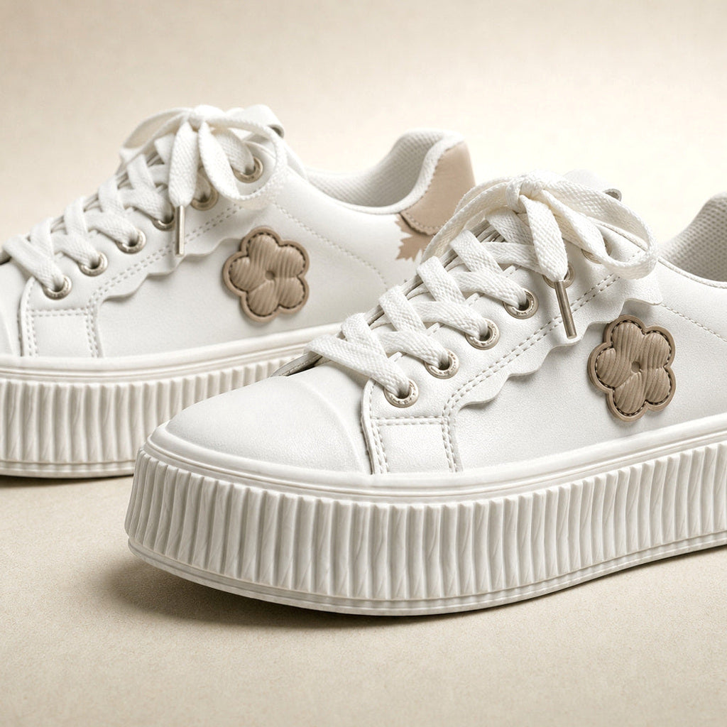 Walburge | Plateau-Sneaker mit Blumenapplikation Weiß Weiß – Stoff- und Detailaufnahme