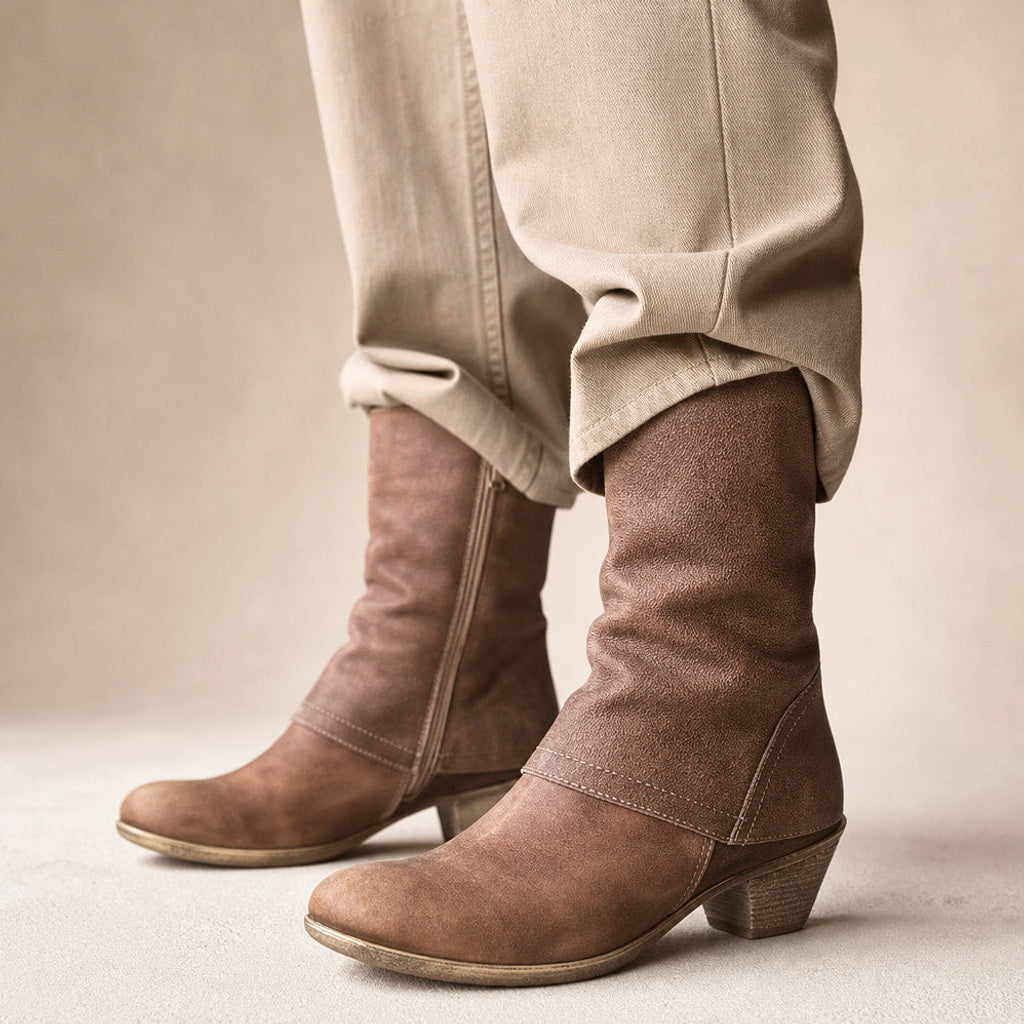 Wendeline | Wadenhohe Stiefel mit Seitenzip und Blockabsatz in Braun – Premium Editorial