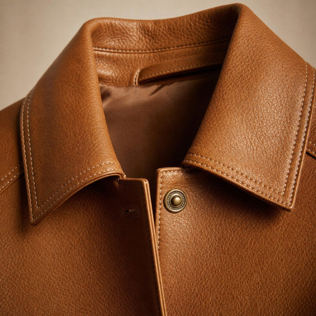 Wendula | Bikerjacke aus Leder mit taillierter Passform Mokka / Braun – Stoff- und Detailaufnahme