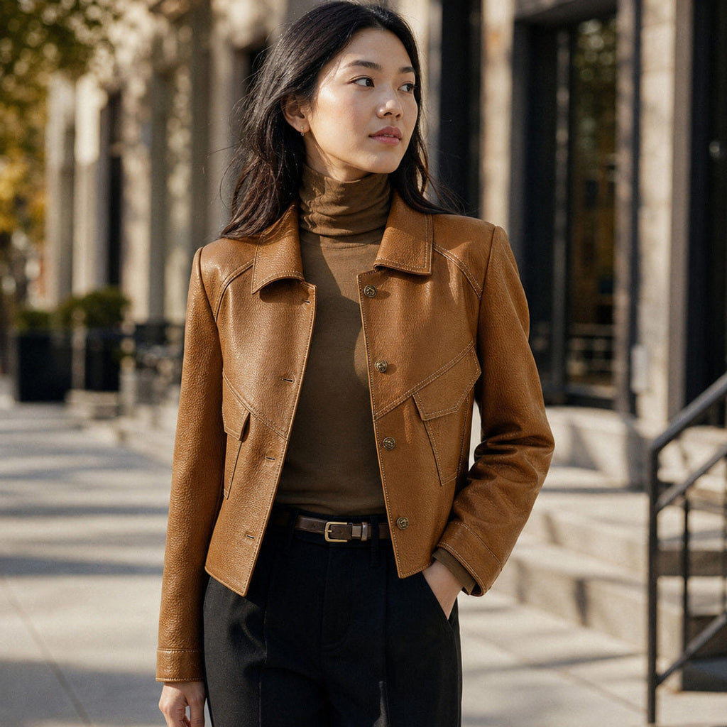 Wendula | Bikerjacke aus Leder mit taillierter Passform Mokka / Braun – Gestyltes Editorial-Foto