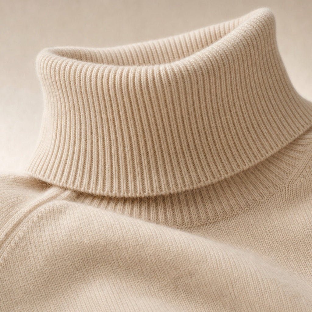 Witteke | Rollkragenpullover aus Merino-Kaschmir-Mischung Beige – Stoff- und Detailaufnahme
