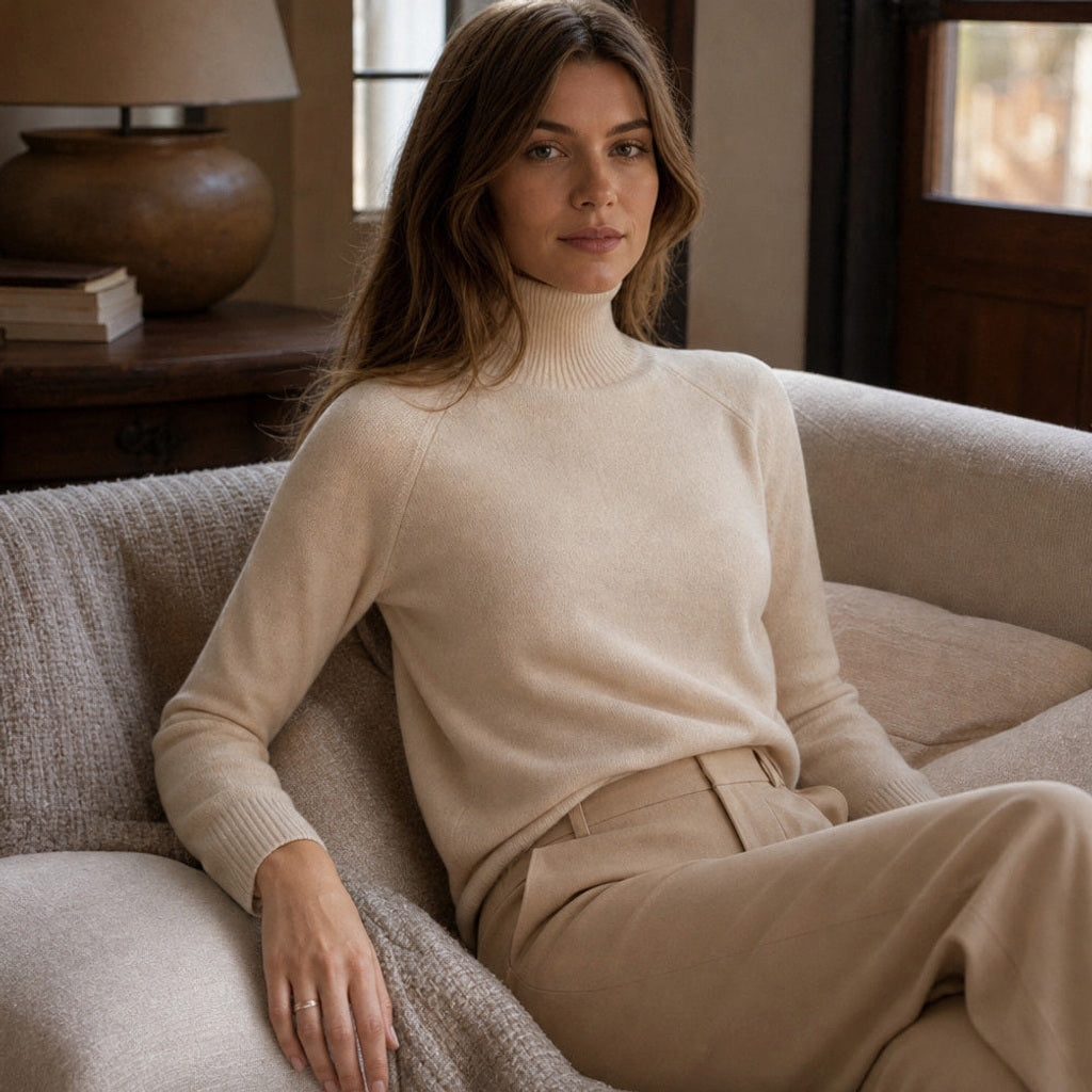 Witteke | Rollkragenpullover aus Merino-Kaschmir-Mischung Beige – Gestyltes Editorial-Foto