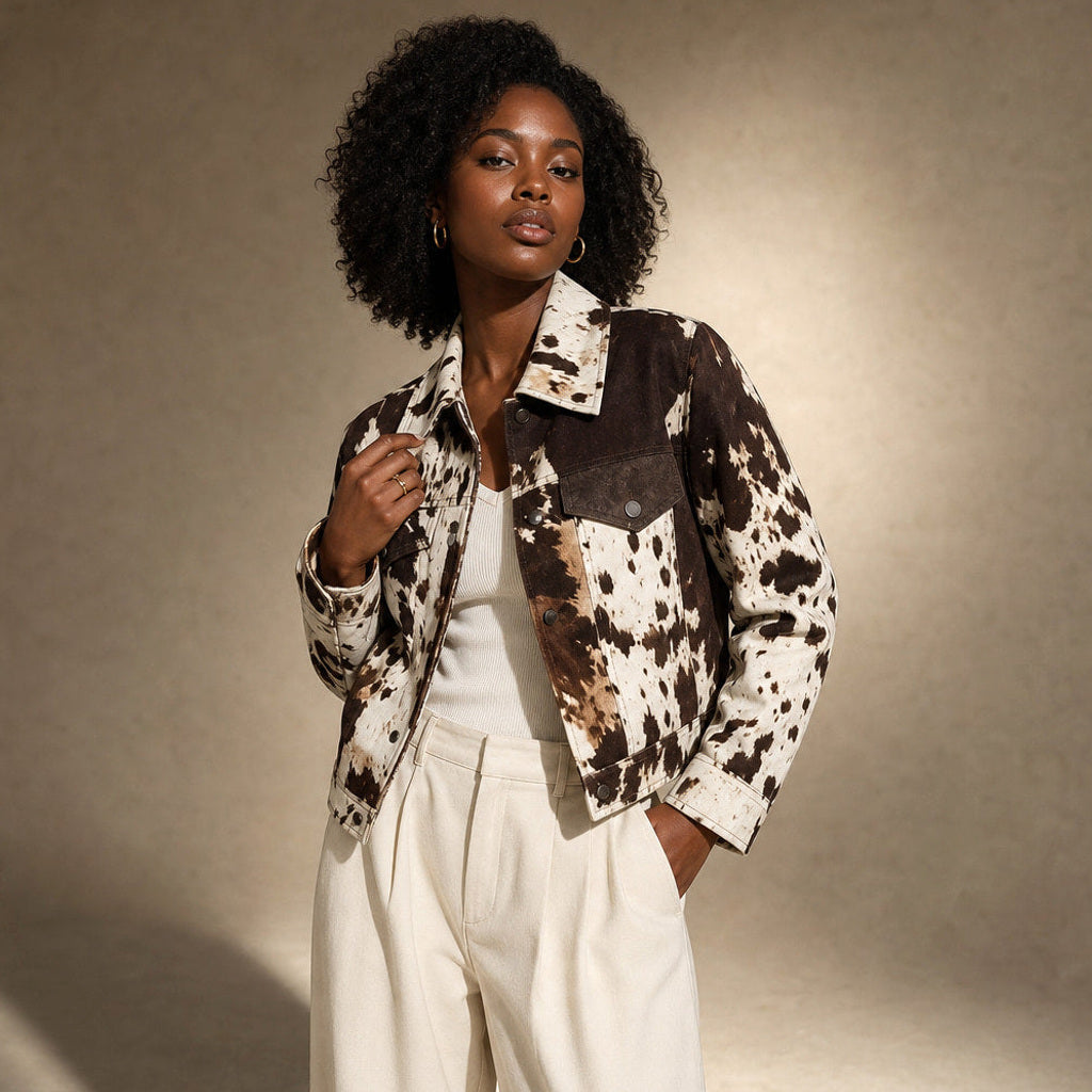 Wolfhild | Boucle Jacke mit Kuhmuster und offener Front Mehrfarbig – Seitenansicht