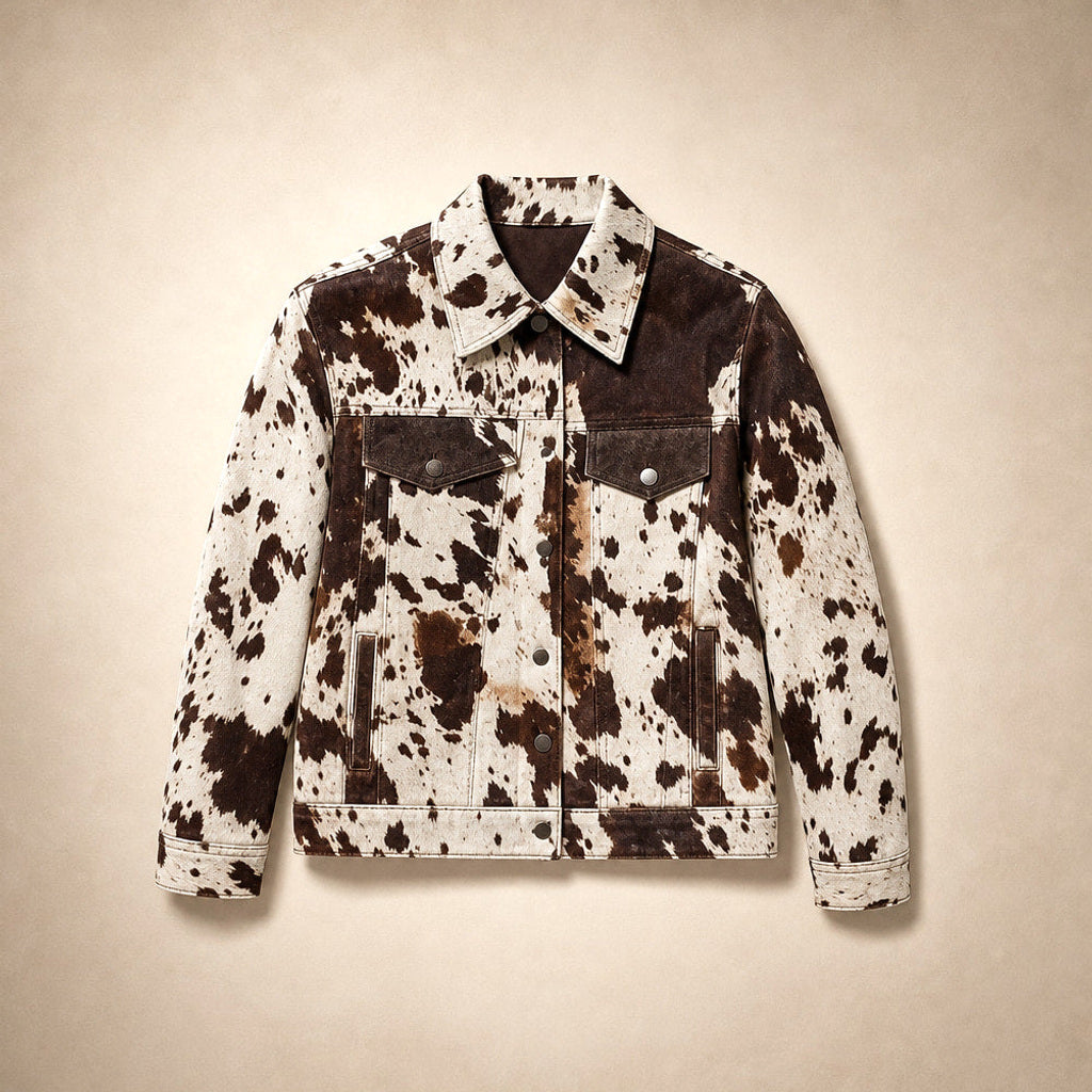Wolfhild | Boucle Jacke mit Kuhmuster und offener Front Mehrfarbig – Flatlay-Produktfoto