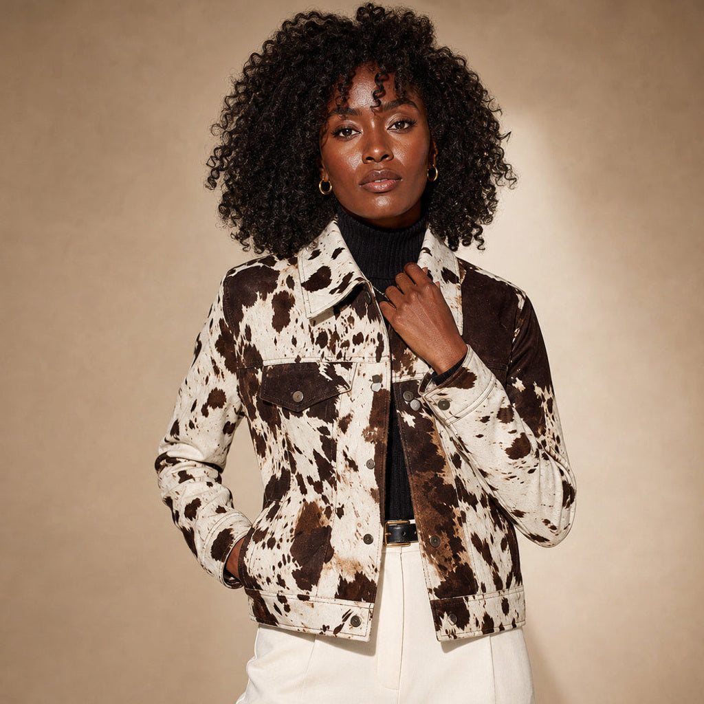Wolfhild | Boucle Jacke mit Kuhmuster und offener Front in Mehrfarbig – Premium Editorial