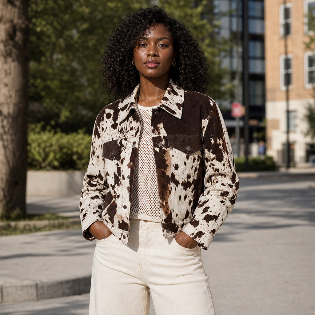 Wolfhild | Boucle Jacke mit Kuhmuster und offener Front Mehrfarbig – Gestyltes Editorial-Foto