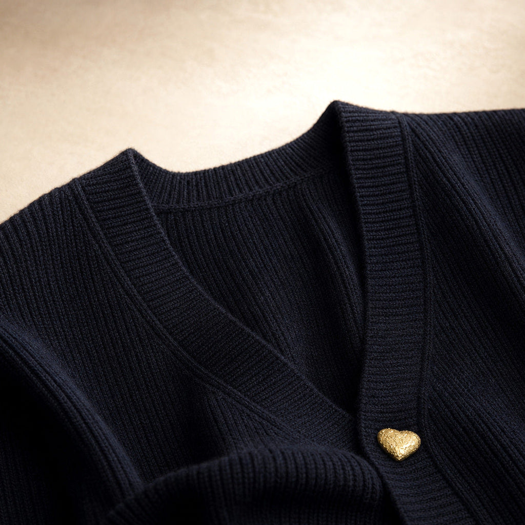 Wolfhilt | Strickjacke mit V-Ausschnitt und Knopfleiste Schwarz – Stoff- und Detailaufnahme