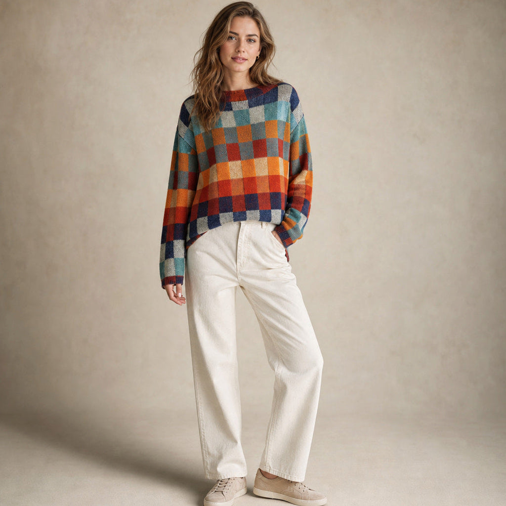 Wolflinde | Strickpullover mit Karomuster Oversized Rot / Orange / Grün / Blau – Seitenansicht