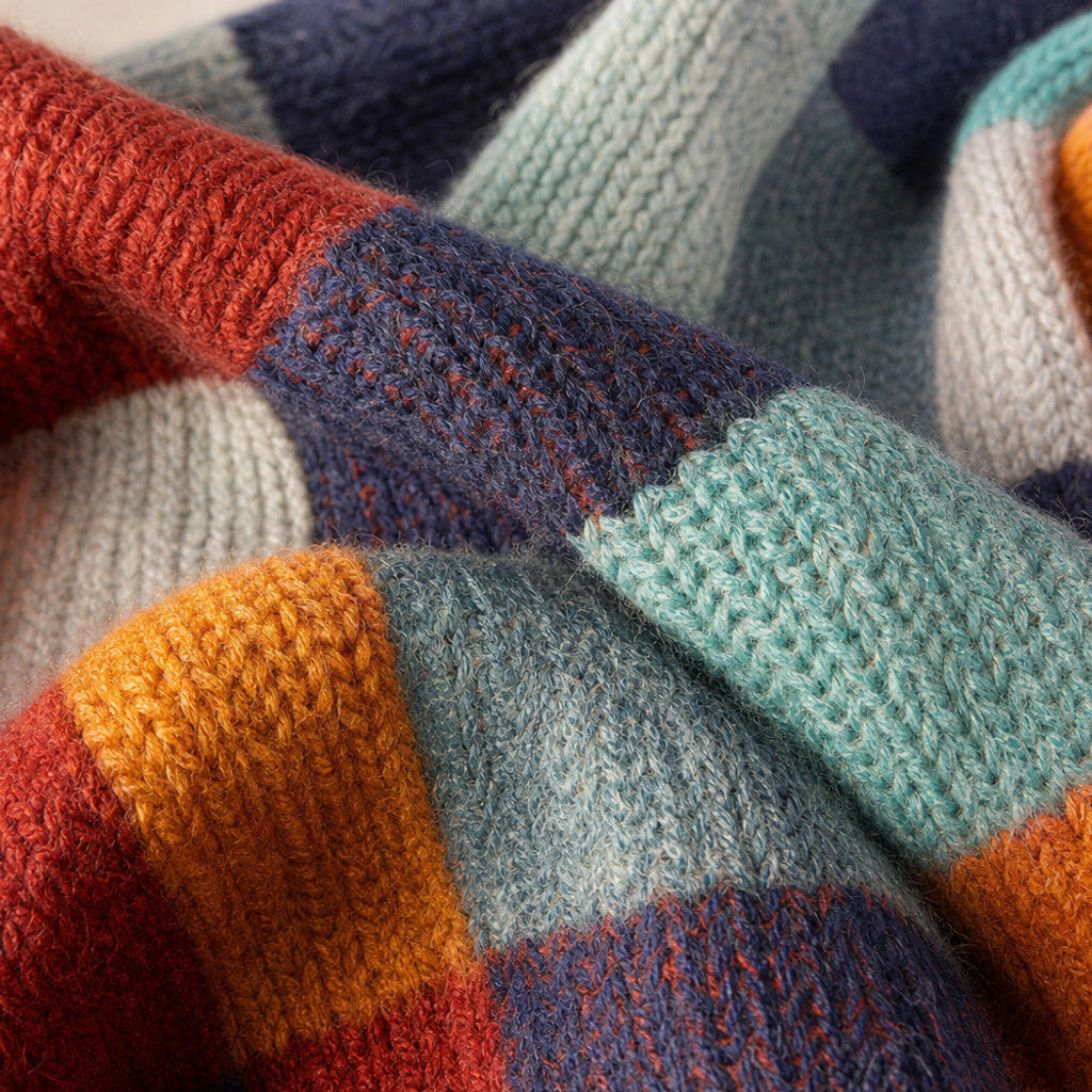 Wolflinde | Strickpullover mit Karomuster Oversized Rot / Orange / Grün / Blau – Stoff- und Detailaufnahme
