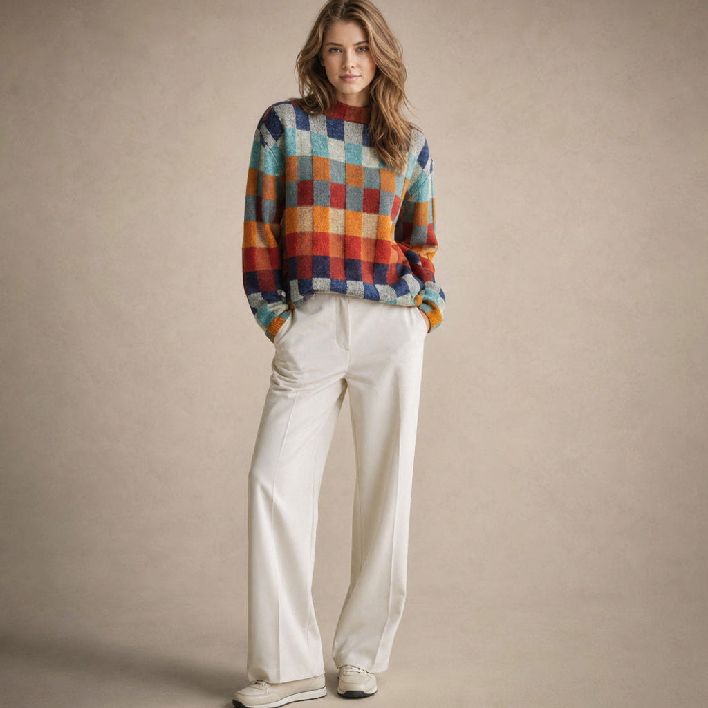 Wolflinde | Strickpullover mit Karomuster Oversized Rot / Orange / Grün / Blau – Gesamtlook