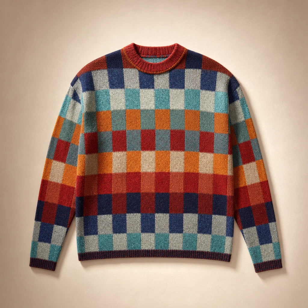 Wolflinde | Strickpullover mit Karomuster Oversized Rot / Orange / Grün / Blau – Produktfoto