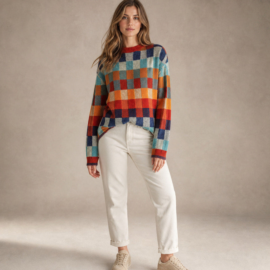 Wolflinde | Strickpullover mit Karomuster Oversized in Rot / Orange / Grün / Blau – Premium Editorial