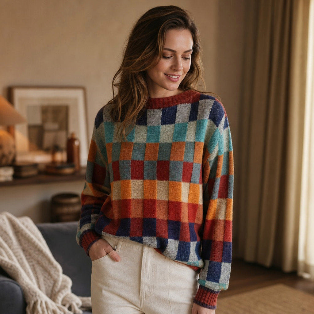 Wolflinde | Strickpullover mit Karomuster Oversized Rot / Orange / Grün / Blau – Gestyltes Editorial-Foto