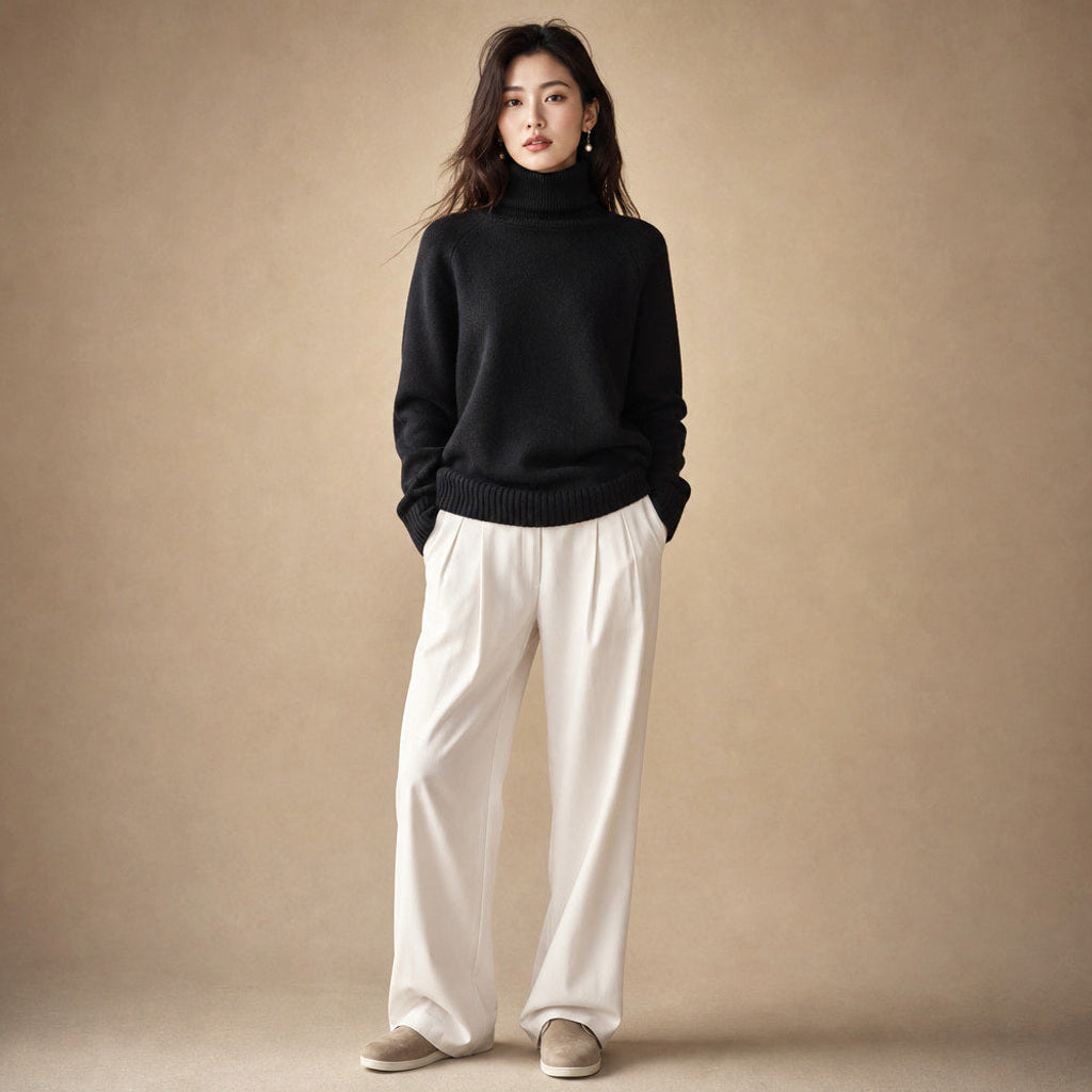 Wolftraud | Strickpullover mit Rippbündchen und Rundhals Schwarz – Gesamtlook