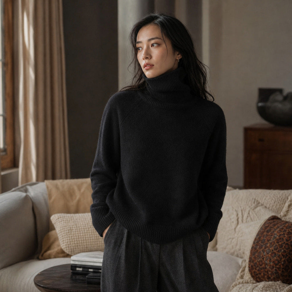Wolftraud | Strickpullover mit Rippbündchen und Rundhals Schwarz – Gestyltes Editorial-Foto