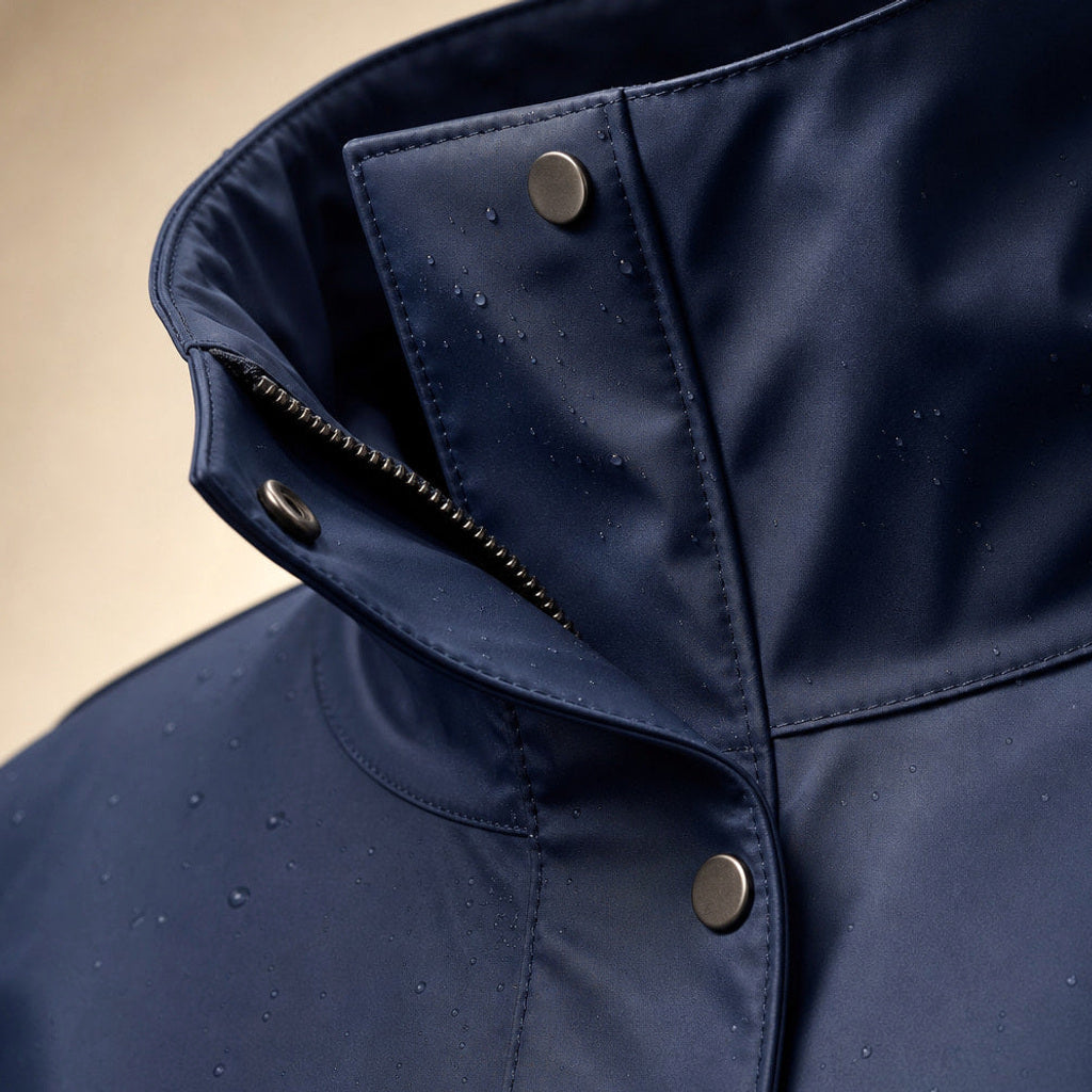 Zilleke | Regenjacke mit verstellbarer Kapuze Marineblau / Blau – Stoff- und Detailaufnahme