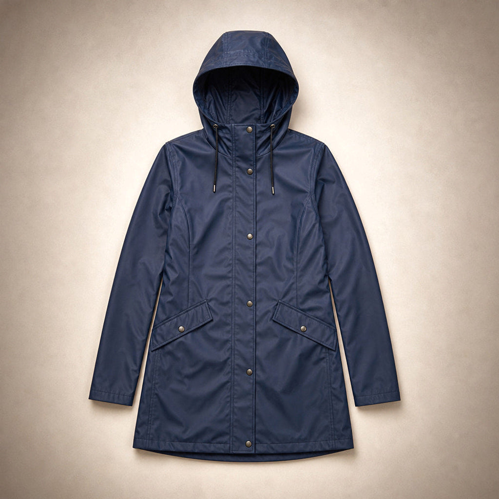 Zilleke | Regenjacke mit verstellbarer Kapuze Marineblau / Blau – Flatlay-Produktfoto