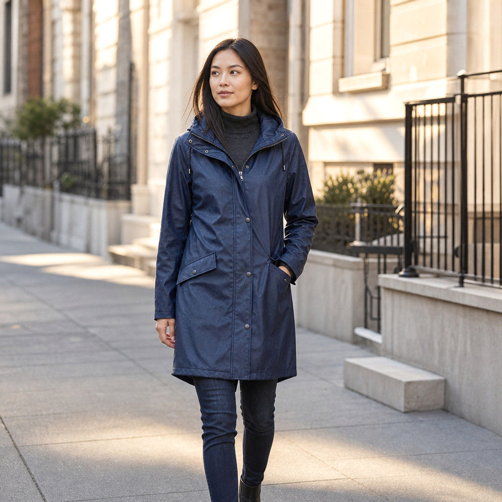 Zilleke | Regenjacke mit verstellbarer Kapuze Marineblau / Blau – Gestyltes Editorial-Foto