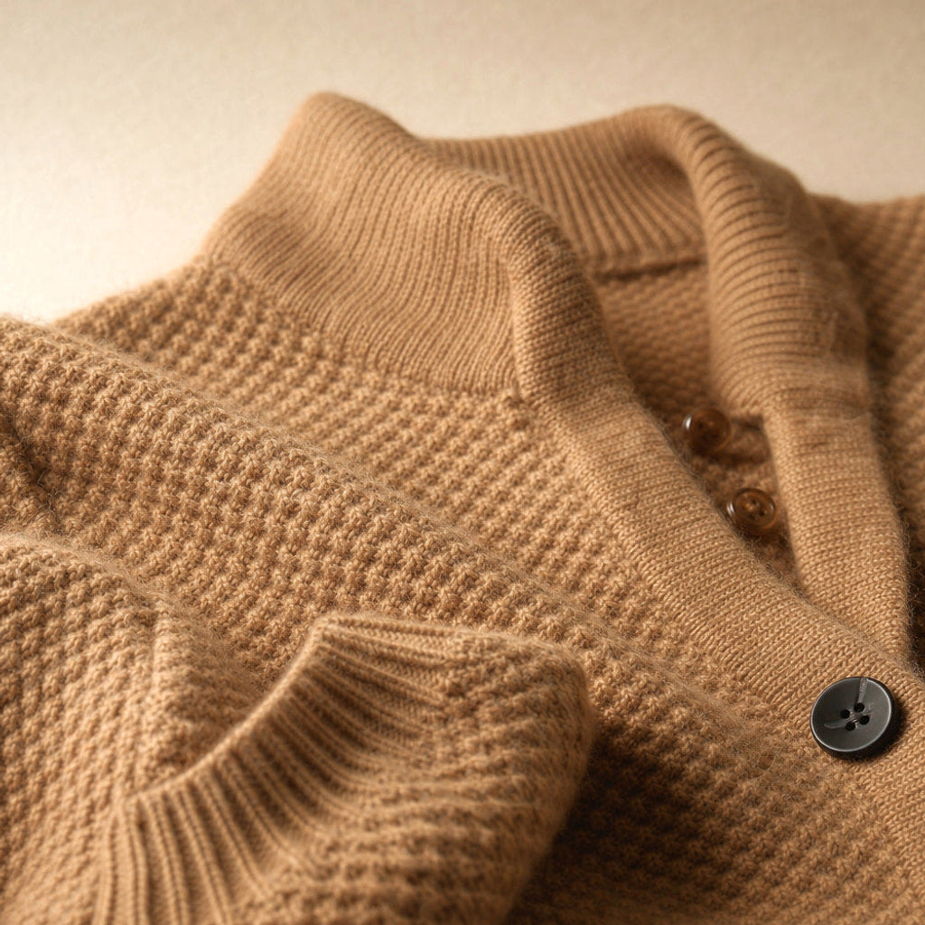 Zimtrud | Strickjacke mit offener Front aus Weichstrick Camel – Stoff- und Detailaufnahme