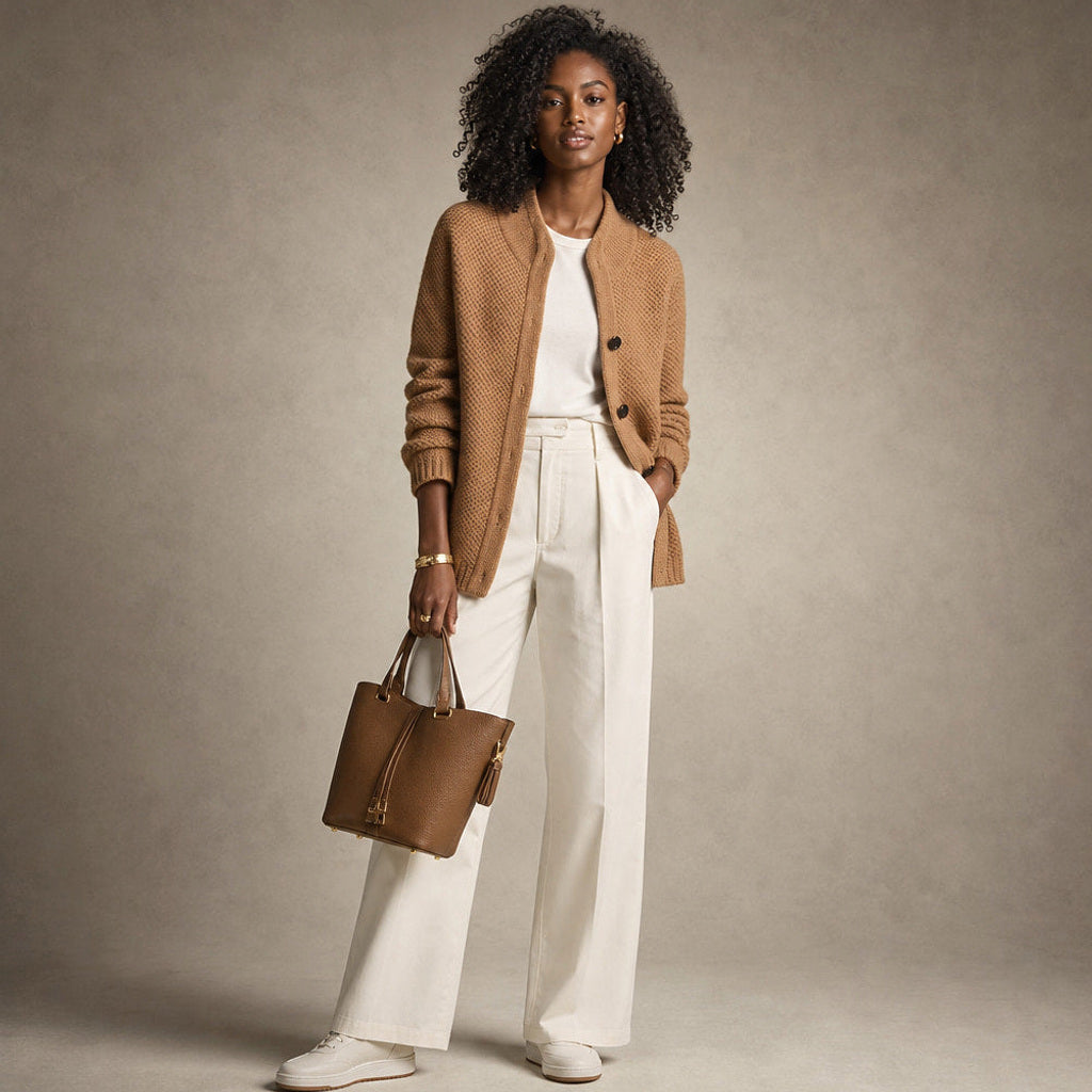 Zimtrud | Strickjacke mit offener Front aus Weichstrick Camel – Gesamtlook