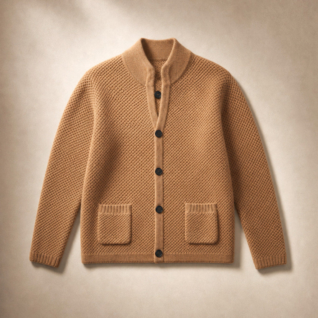 Zimtrud | Strickjacke mit offener Front aus Weichstrick Camel – Produktfoto