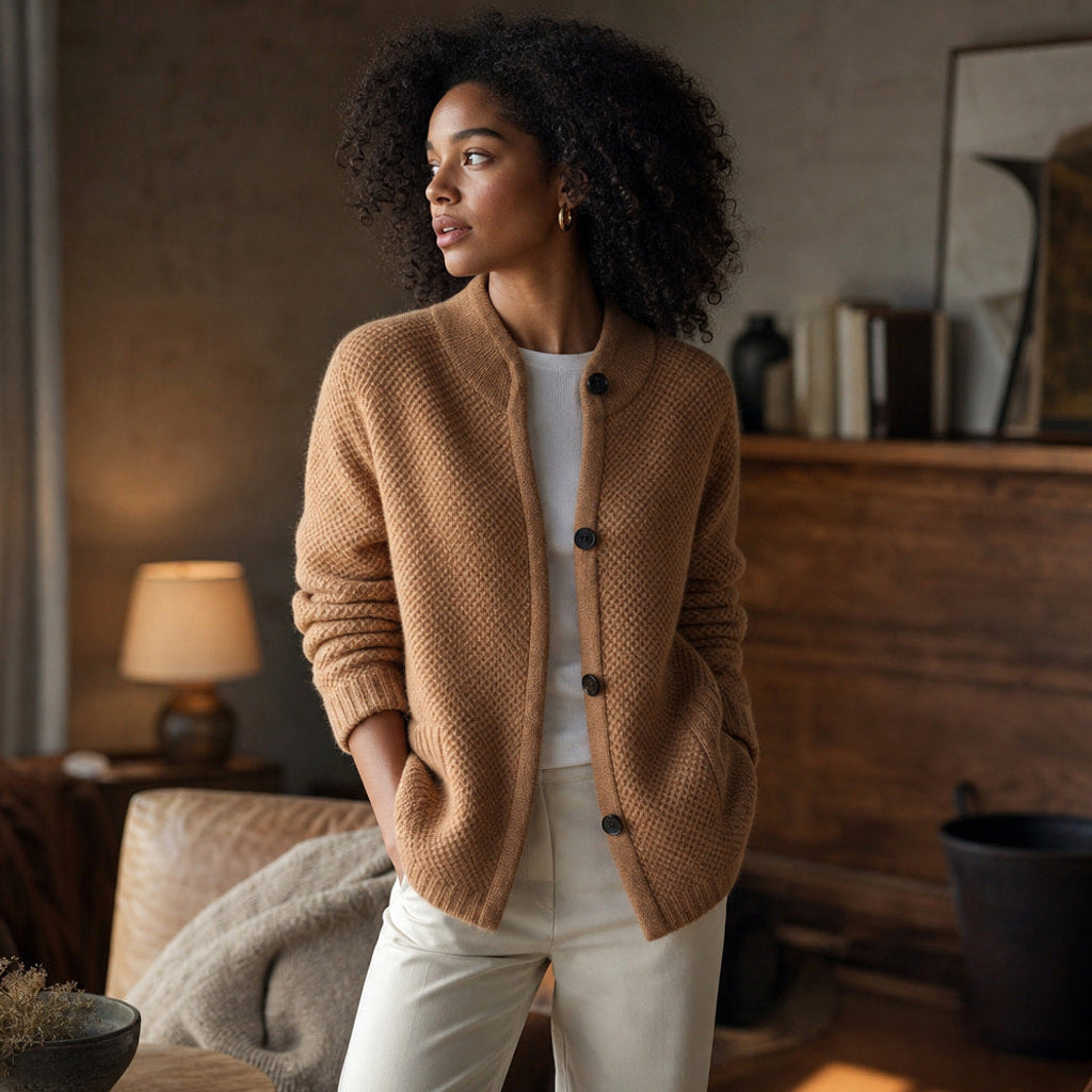 Zimtrud | Strickjacke mit offener Front aus Weichstrick Camel – Gestyltes Editorial-Foto